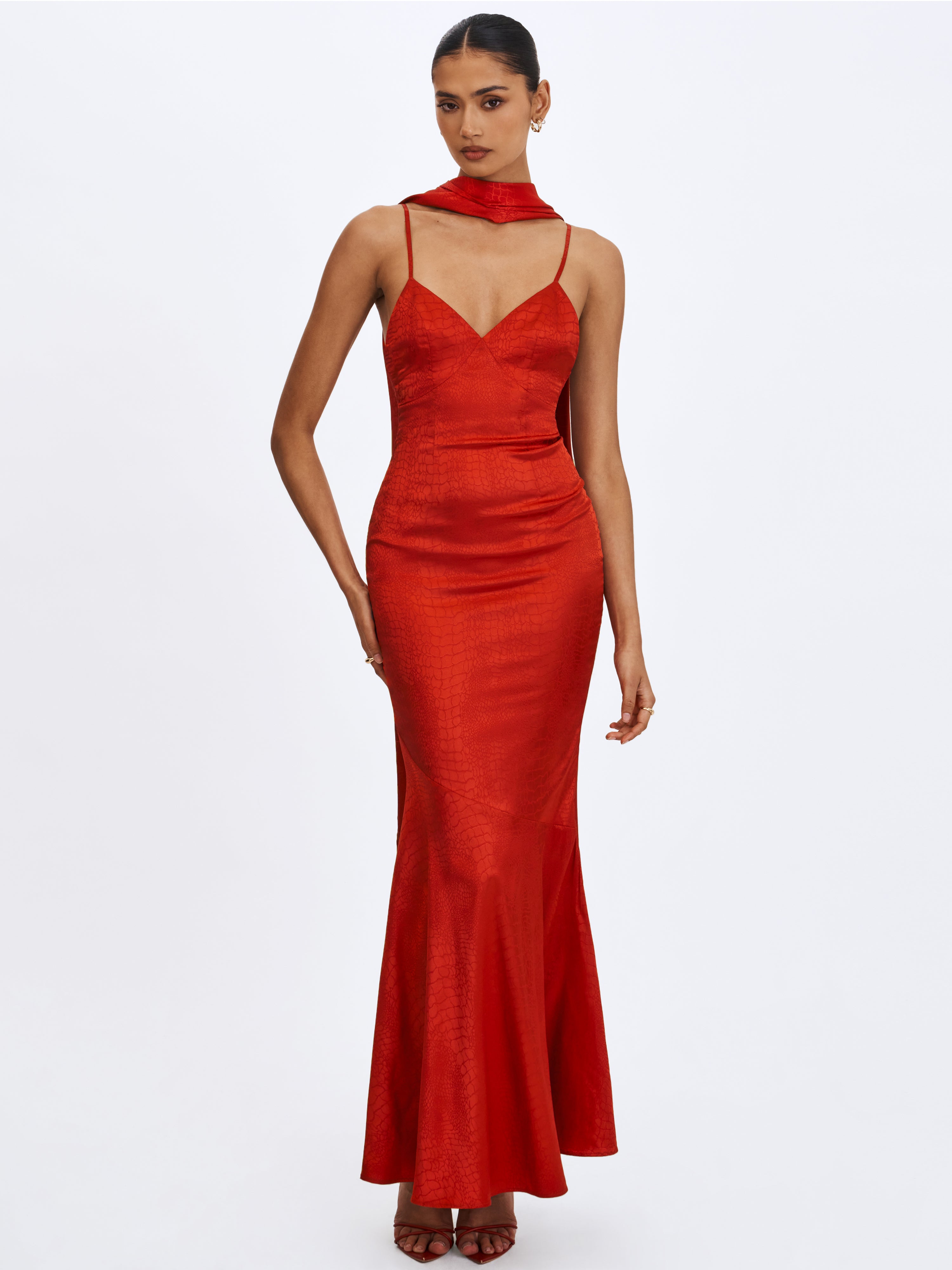 Kelsey Scarlet Croc-Embossed Flared Hem Maxi Dress