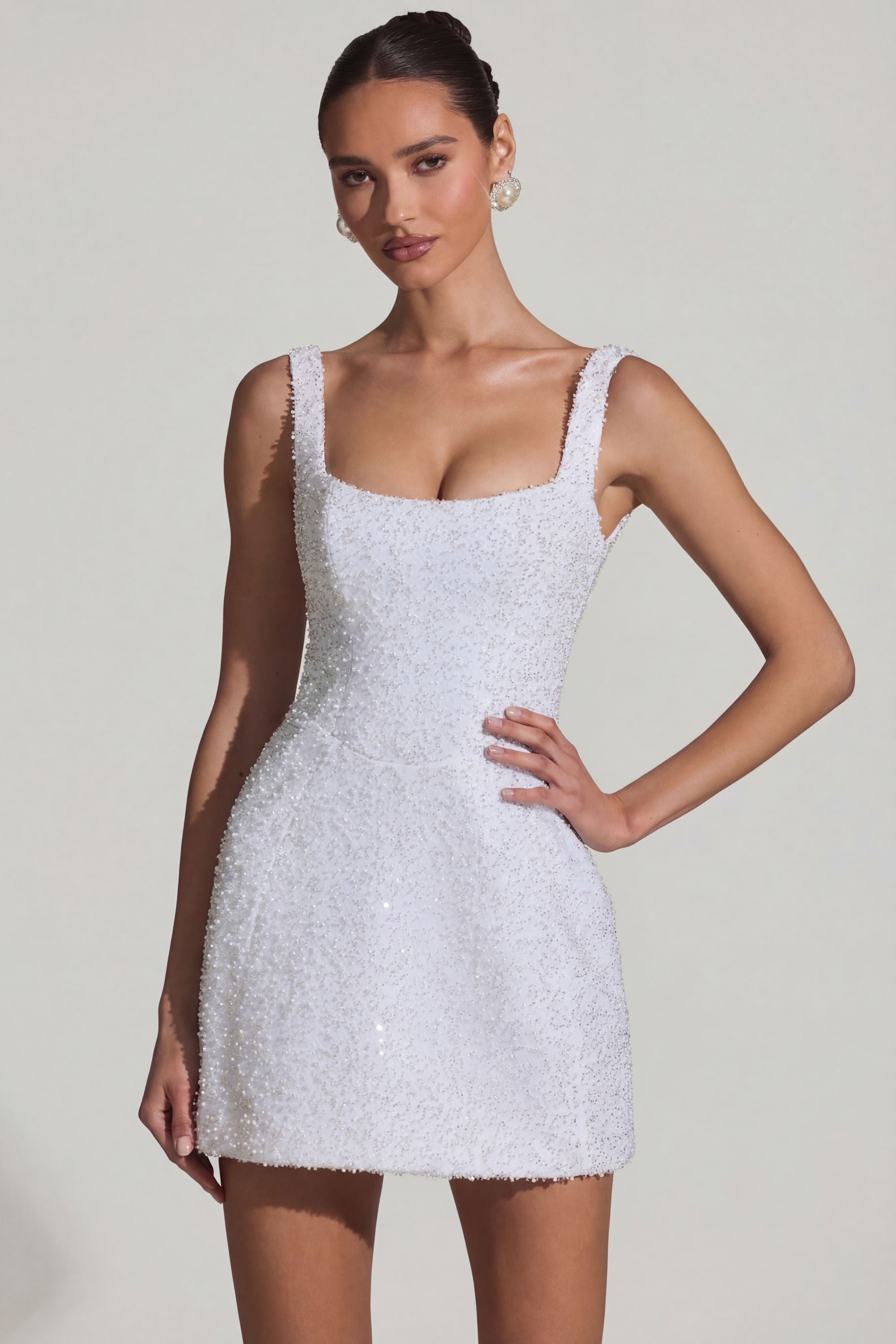 Embellished Structured A-Line Mini Dress blanc