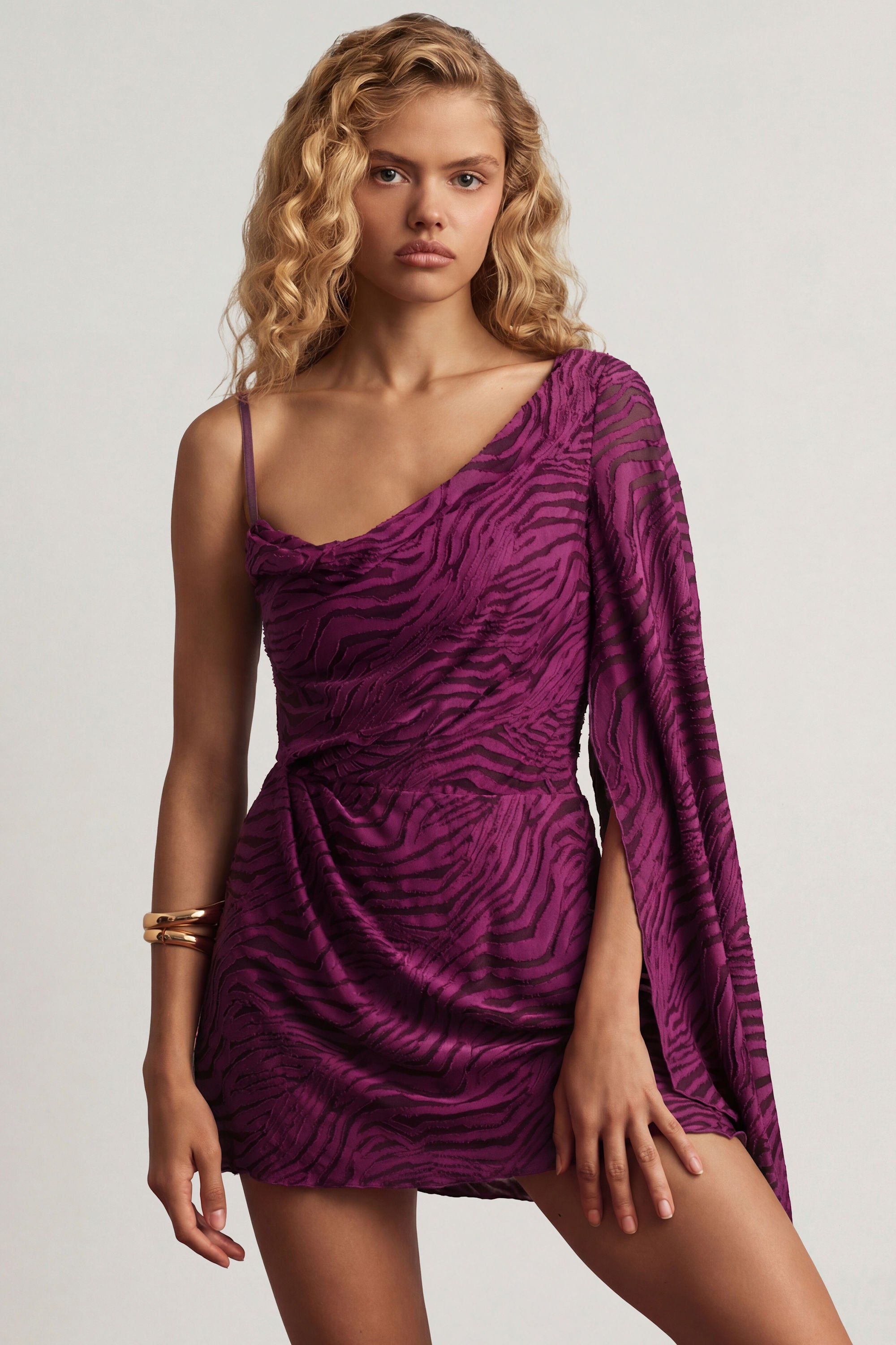 Devoré One-Sleeve A-Line Mini Dress