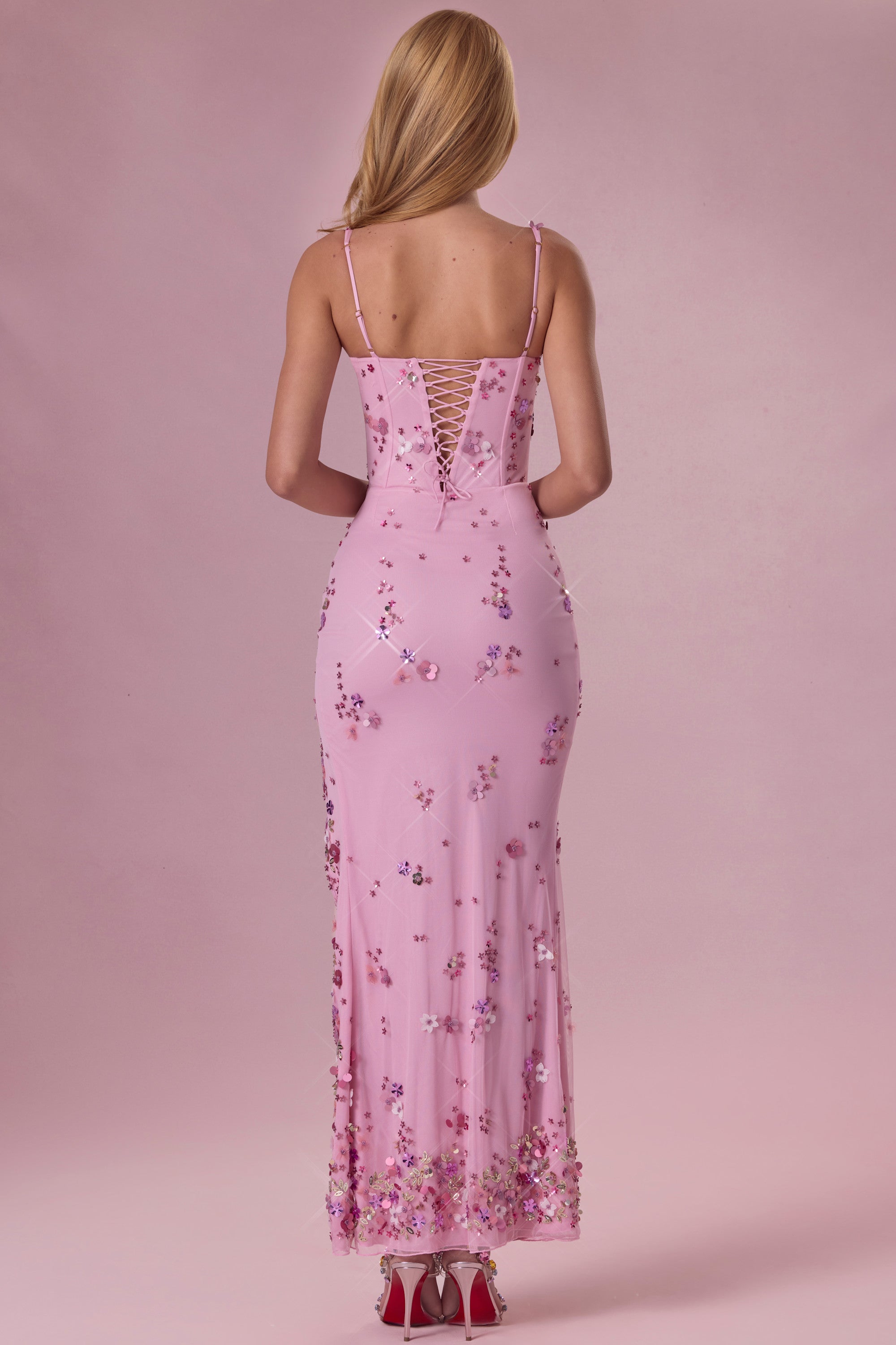 détail corset robe maxi rose