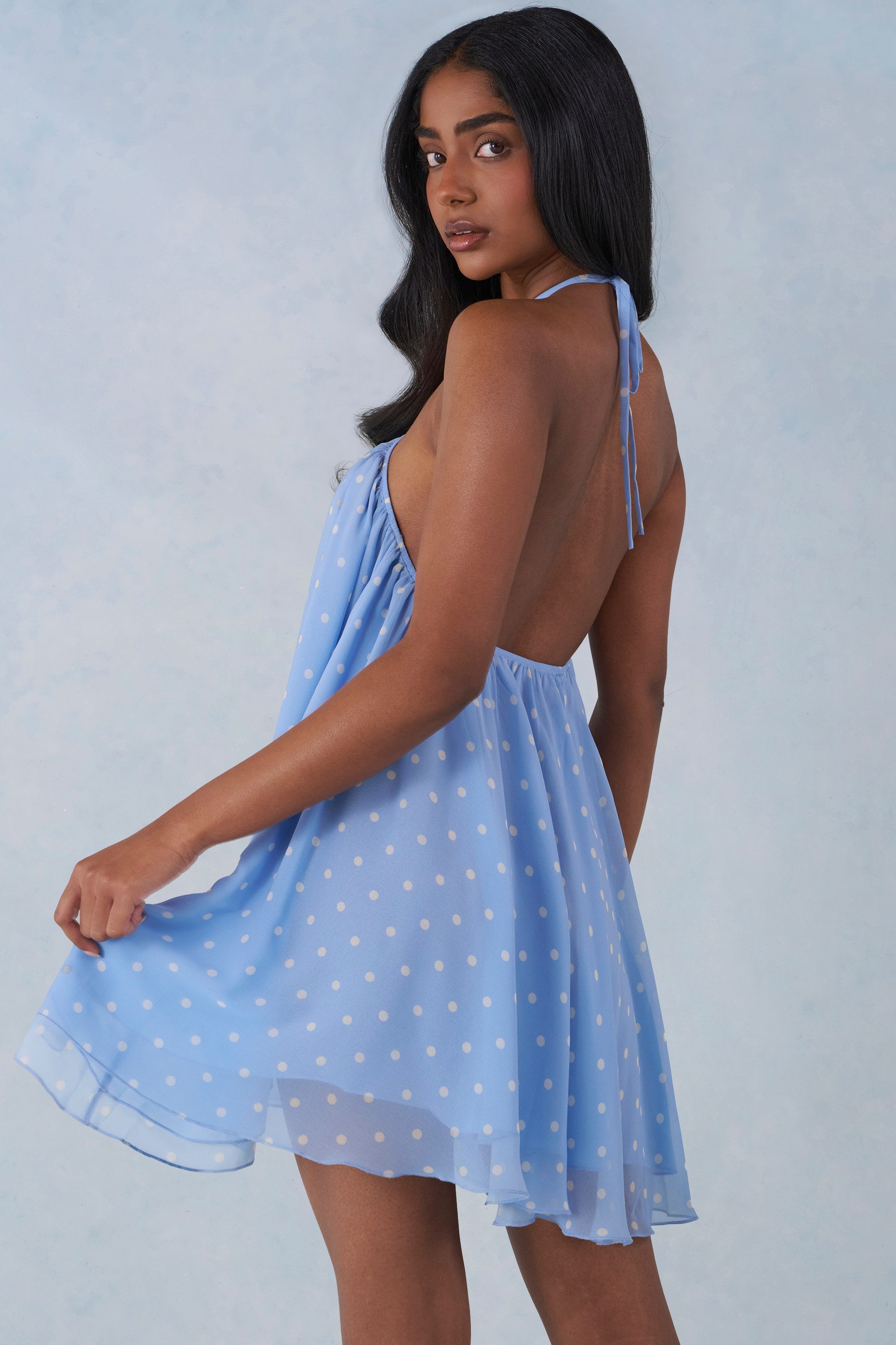 Mini robe babydoll bleue à pois