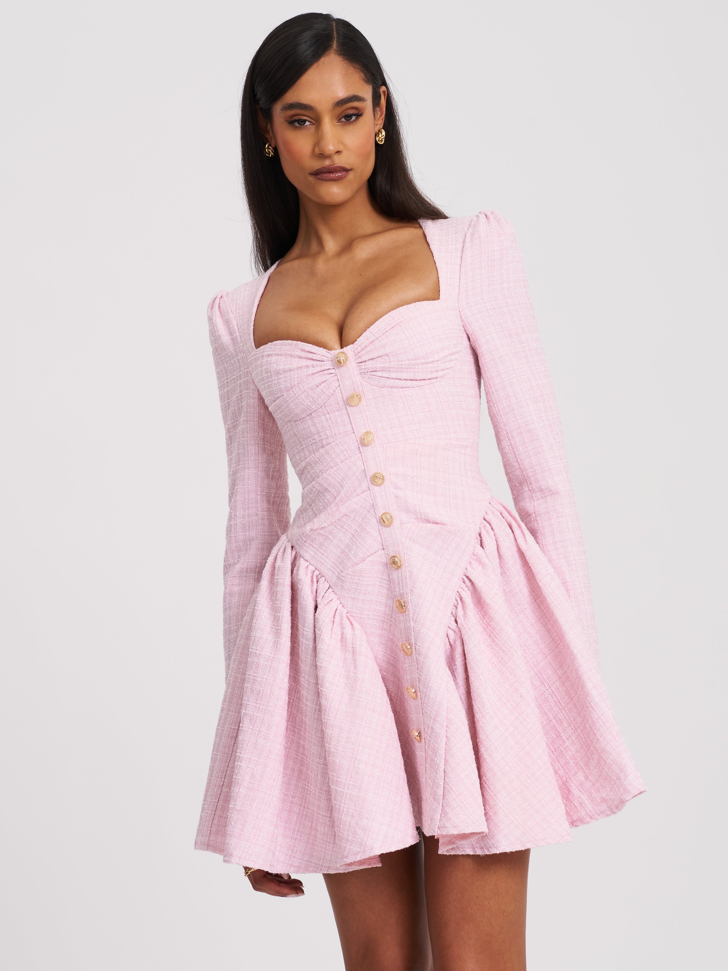 robe mini à taille basse tweed rose