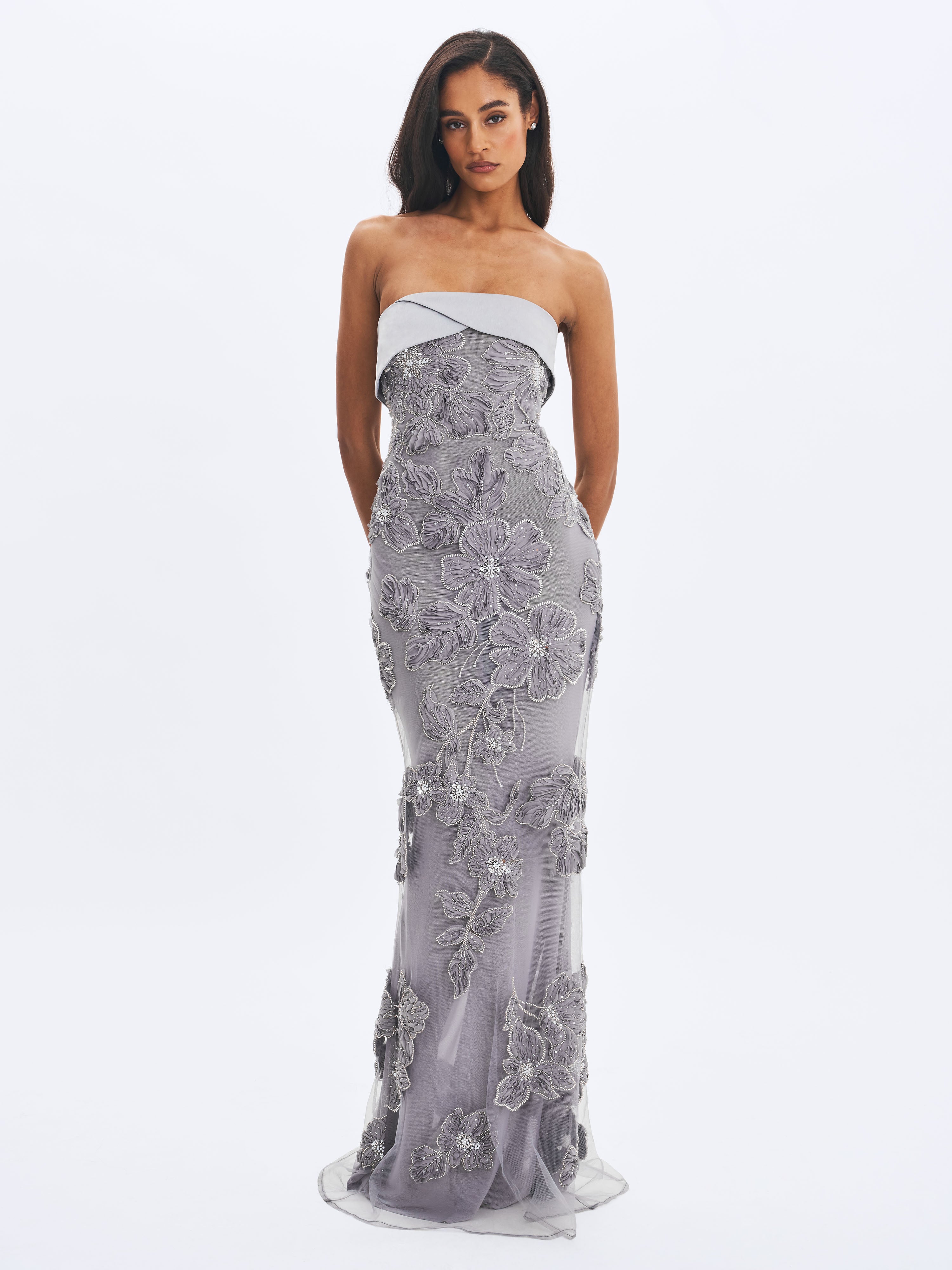 robe maxi sirène perlée argentée