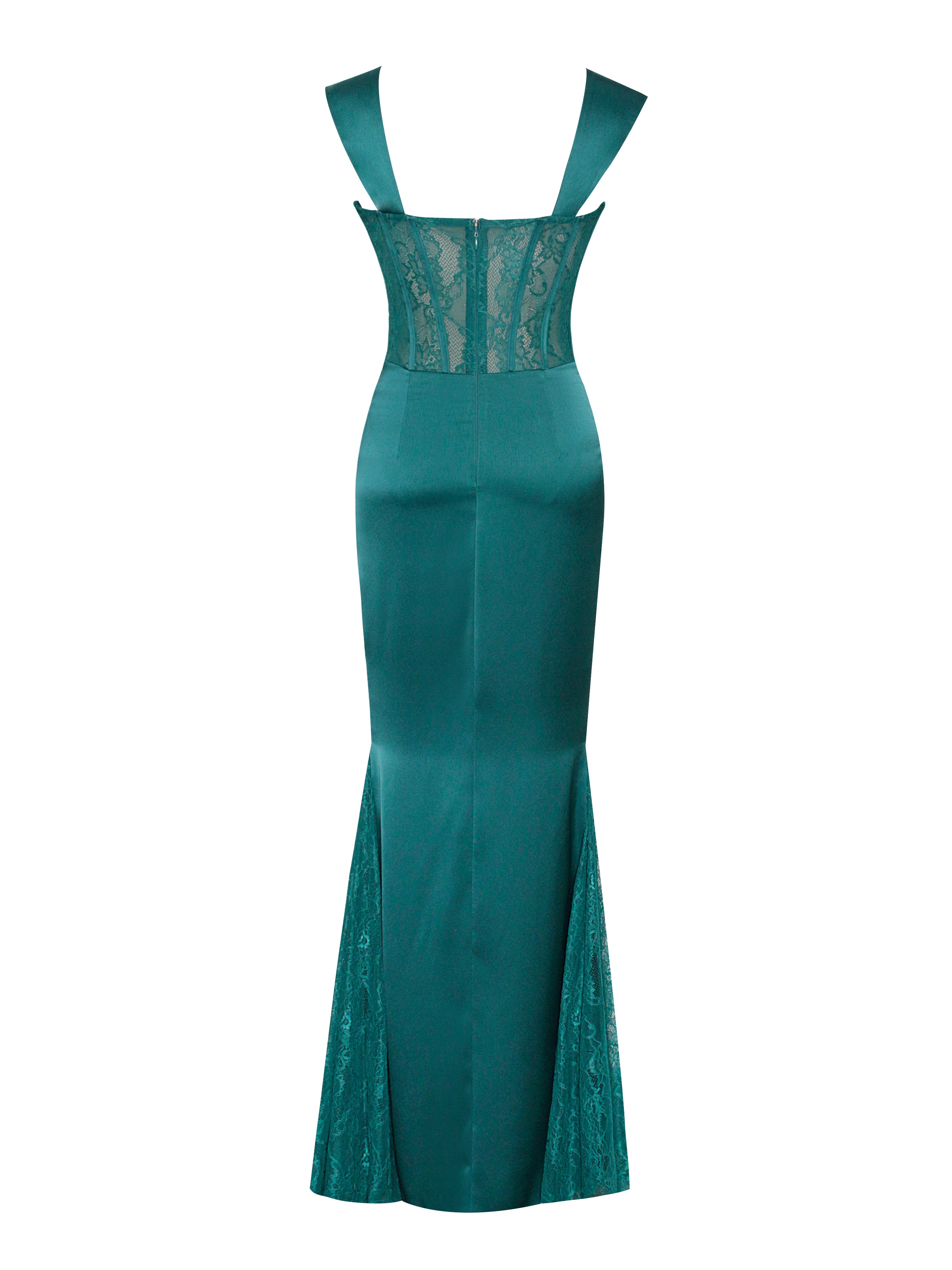 teal satin lace dress