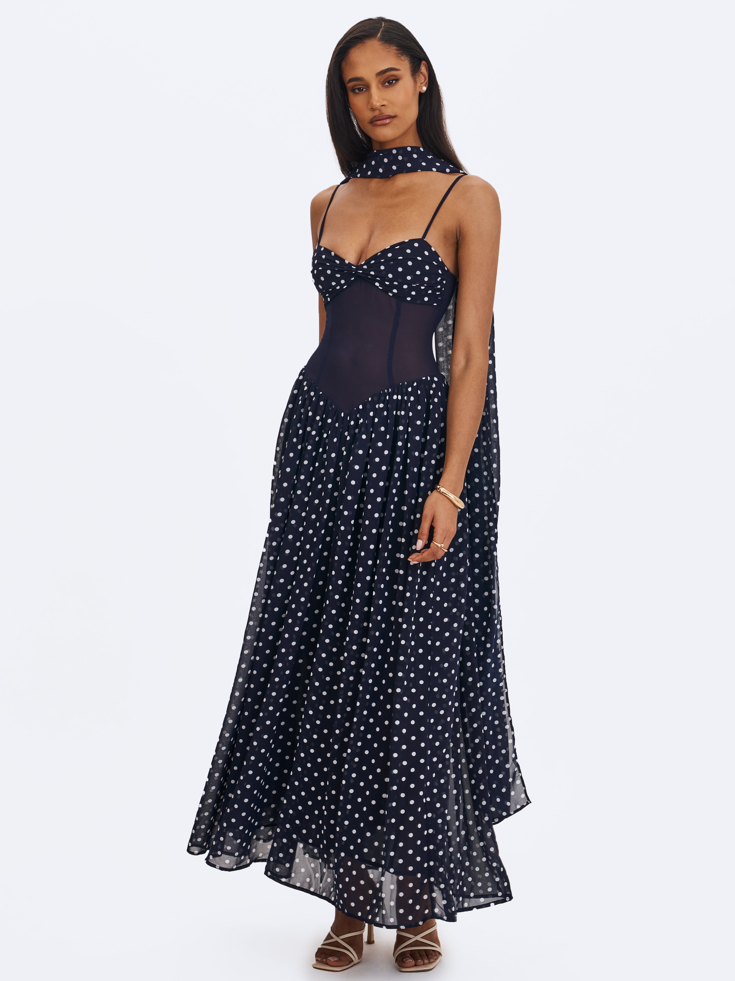 robe maxi chiffon bleu marine à pois