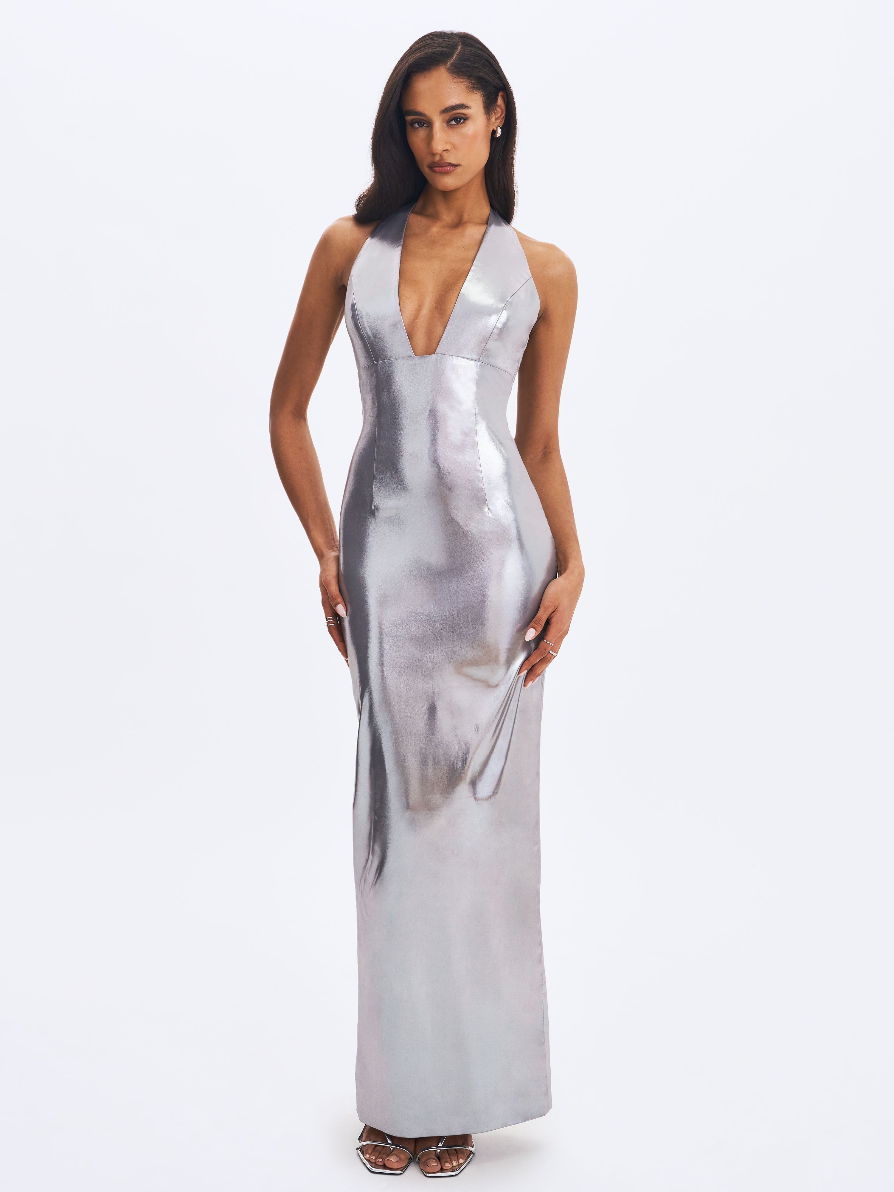 valeska silver foil plunging sheath maxi dress