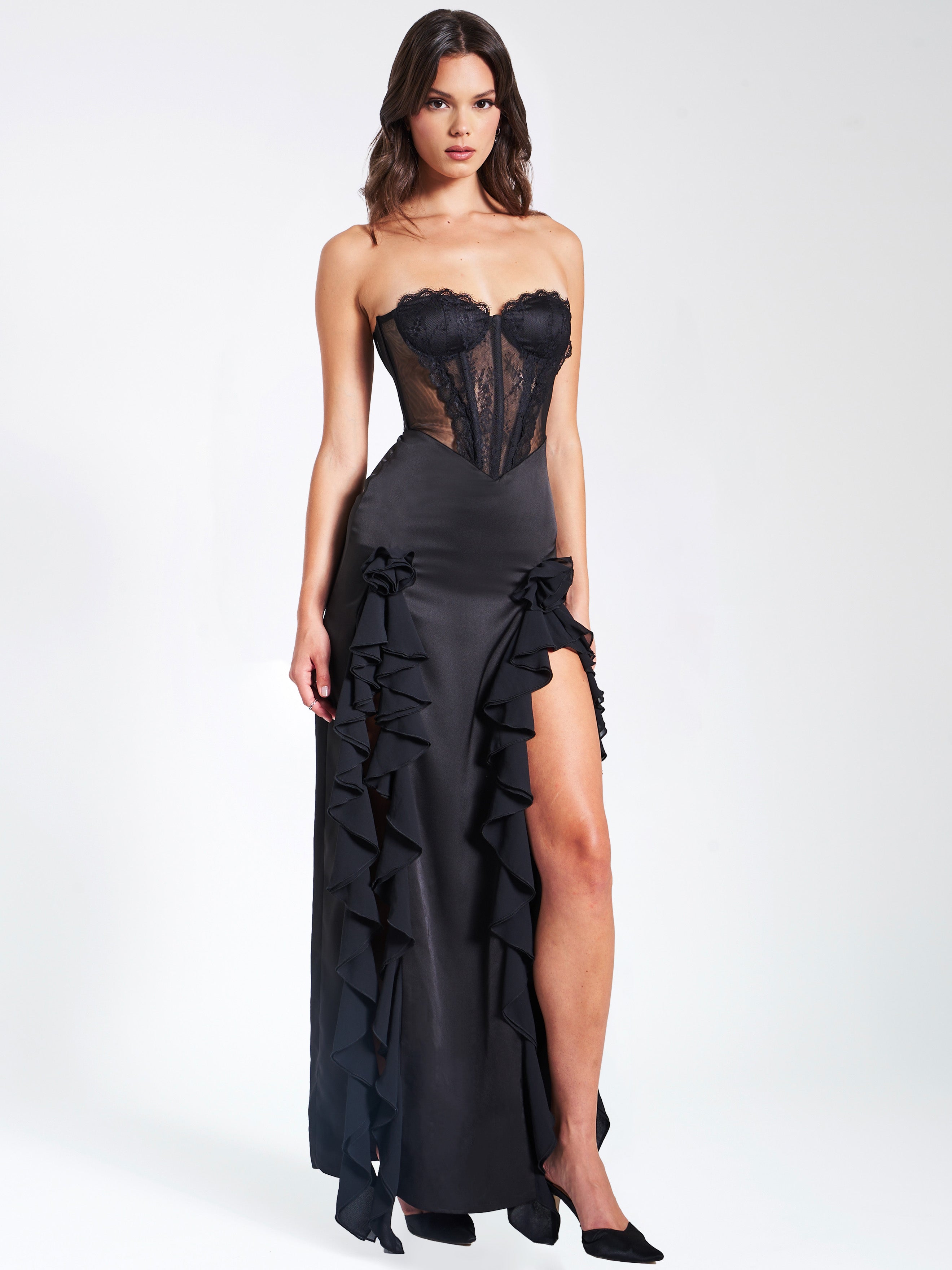 robe longue corset satin noir