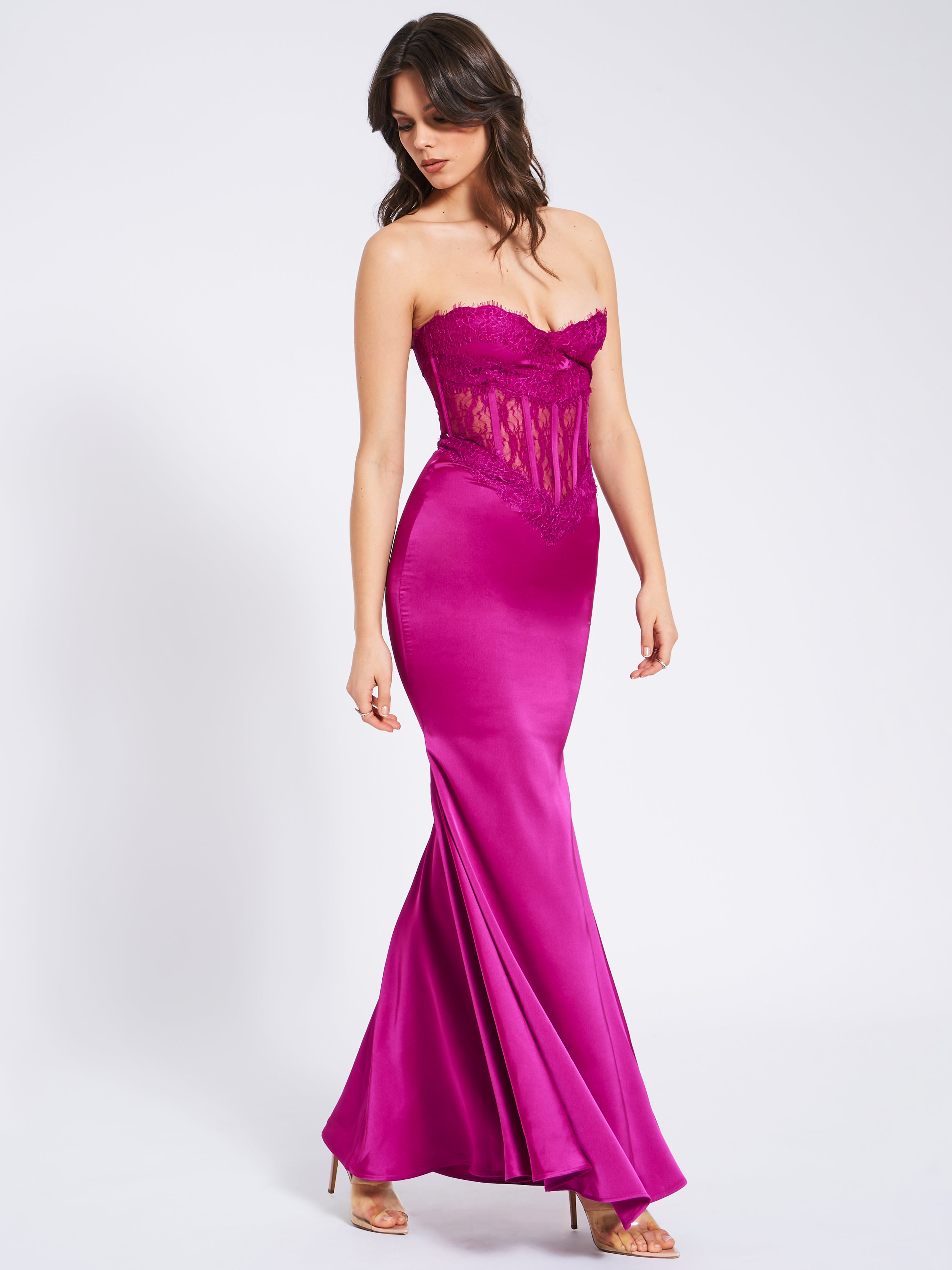 robe maxi satin fuchsia
