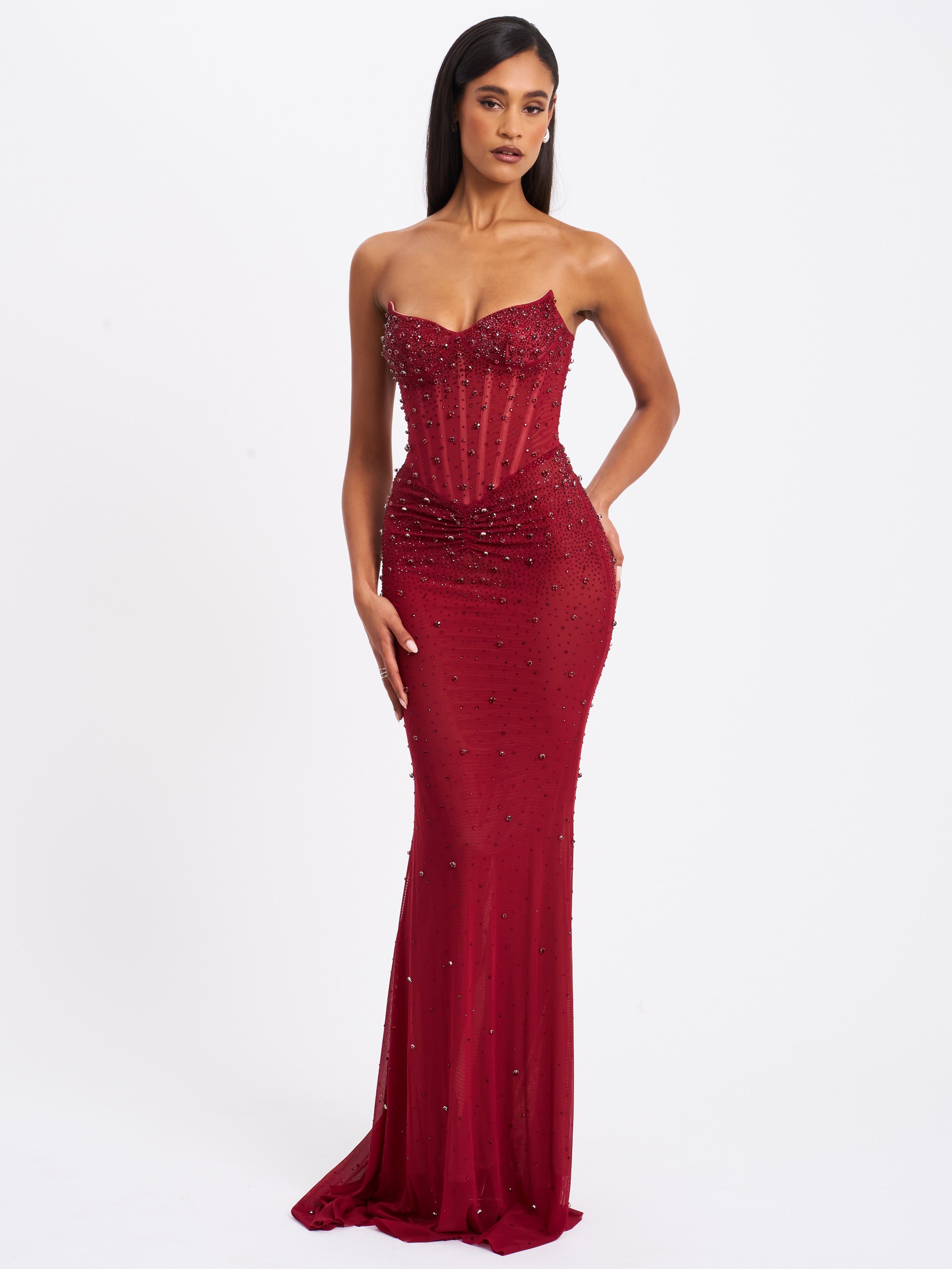Fatima Burgundy Crystal Sleeveless Corset Mermaid Dress