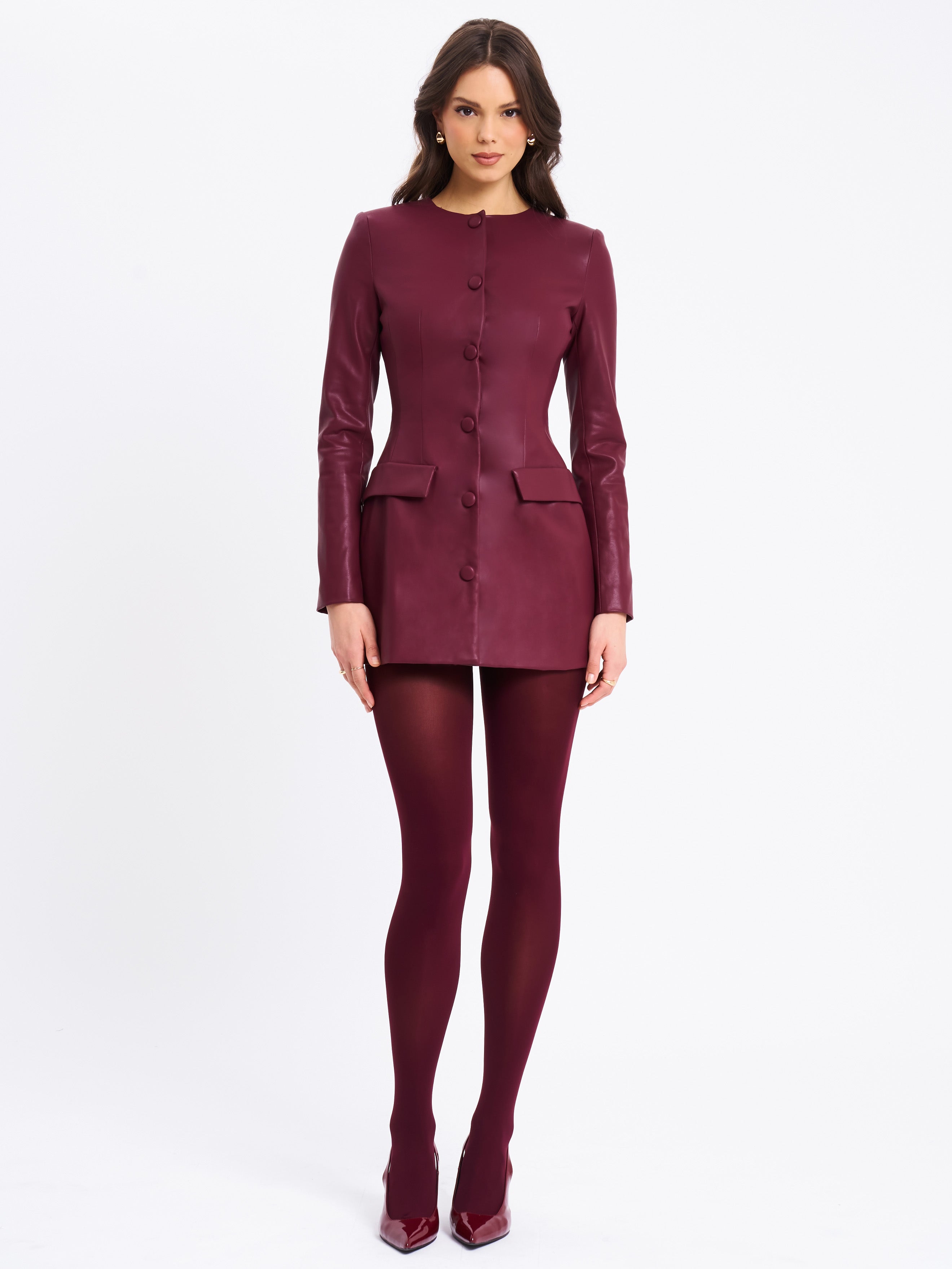 mini-robe blazer en simili cuir bordeaux