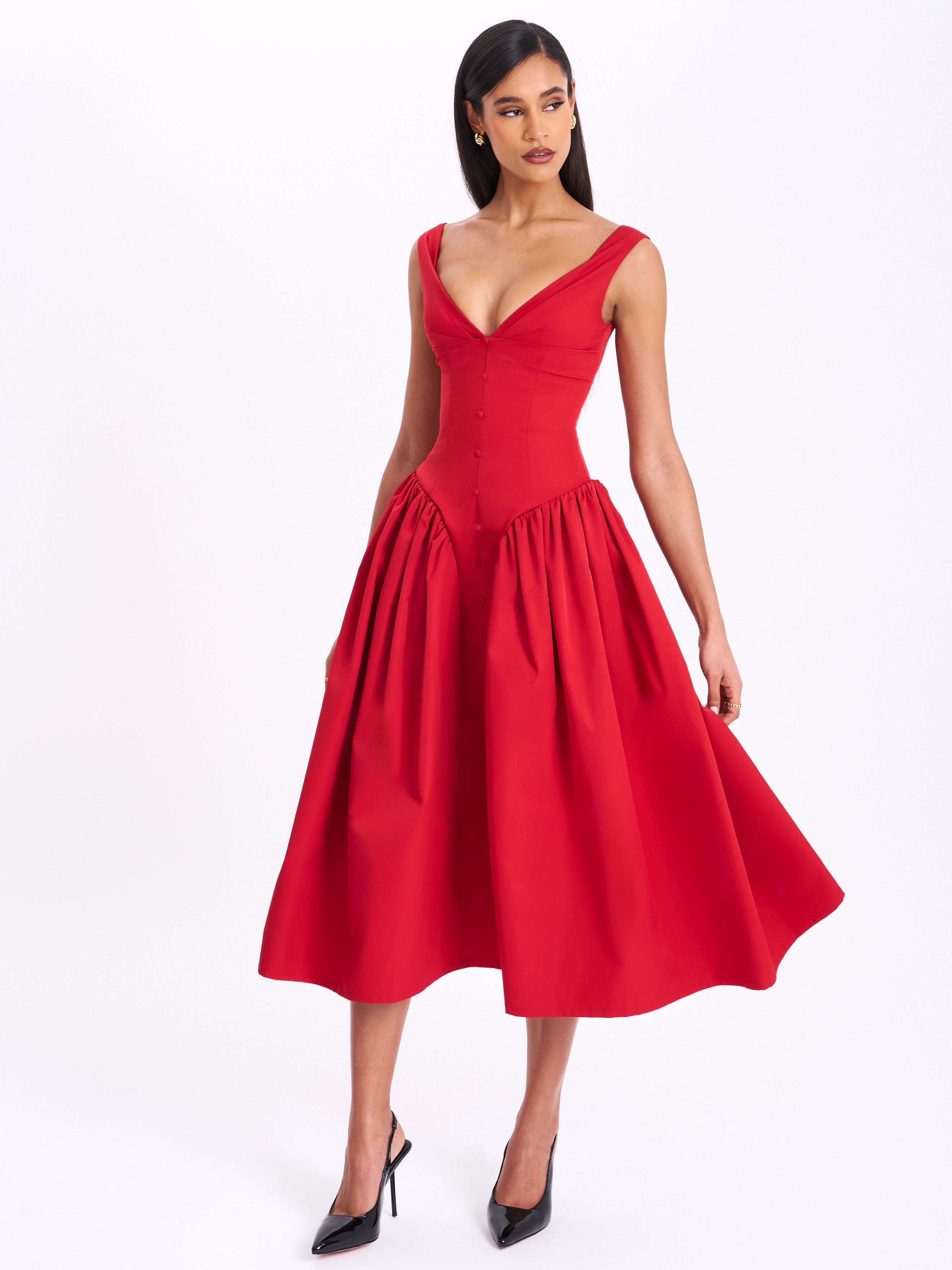 Nahla Red Drop Waist Midi Dress