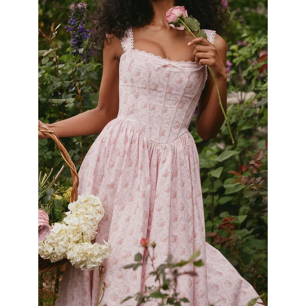 Robe corset sans manches à imprimé floral rose esthétique, bordée de dentelle, style Y2K – Image 5