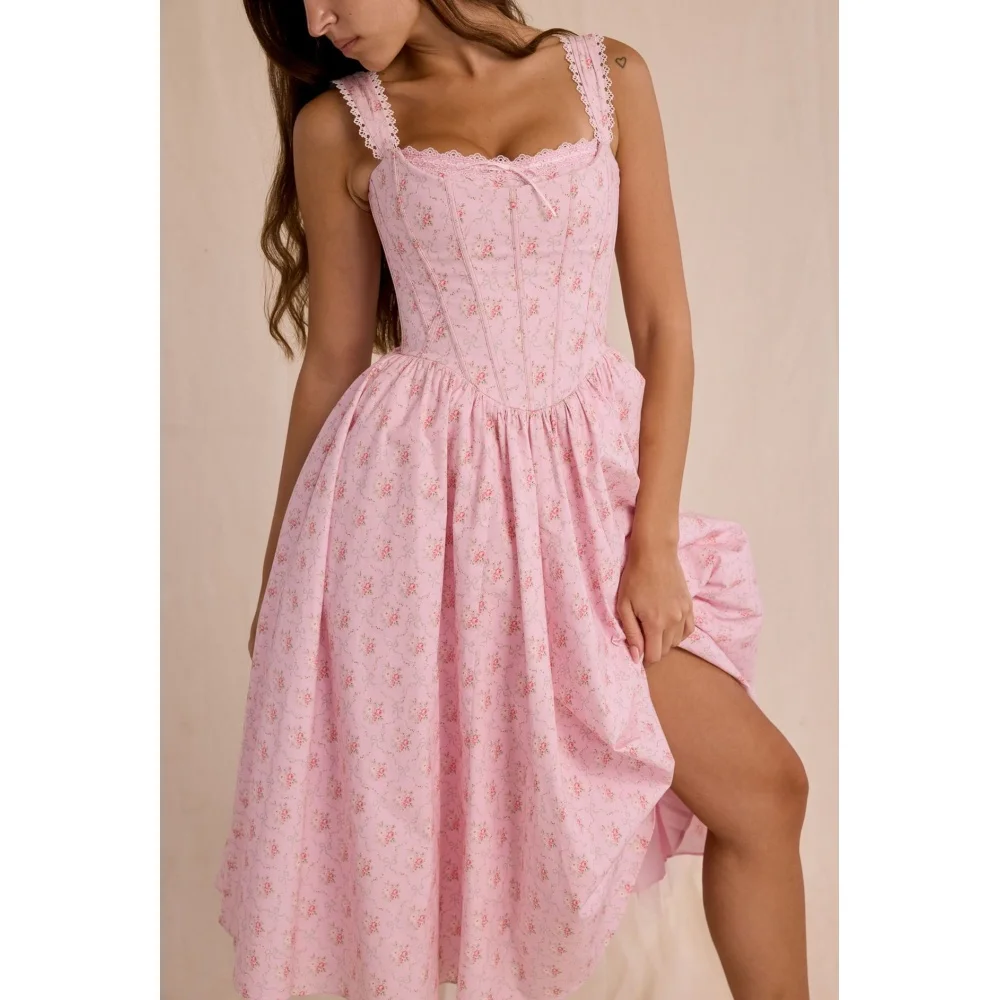Robe corset sans manches à imprimé floral rose esthétique, bordée de dentelle, style Y2K