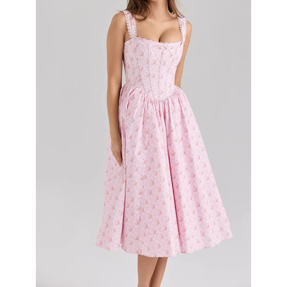 Robe corset sans manches à imprimé floral rose esthétique, bordée de dentelle, style Y2K – Image 3