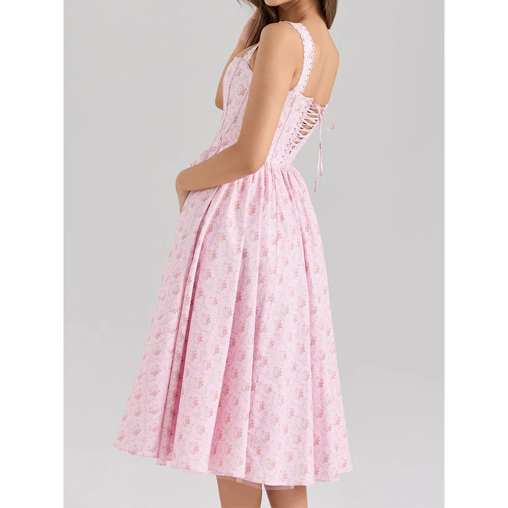 Robe corset sans manches à imprimé floral rose esthétique, bordée de dentelle, style Y2K – Image 4