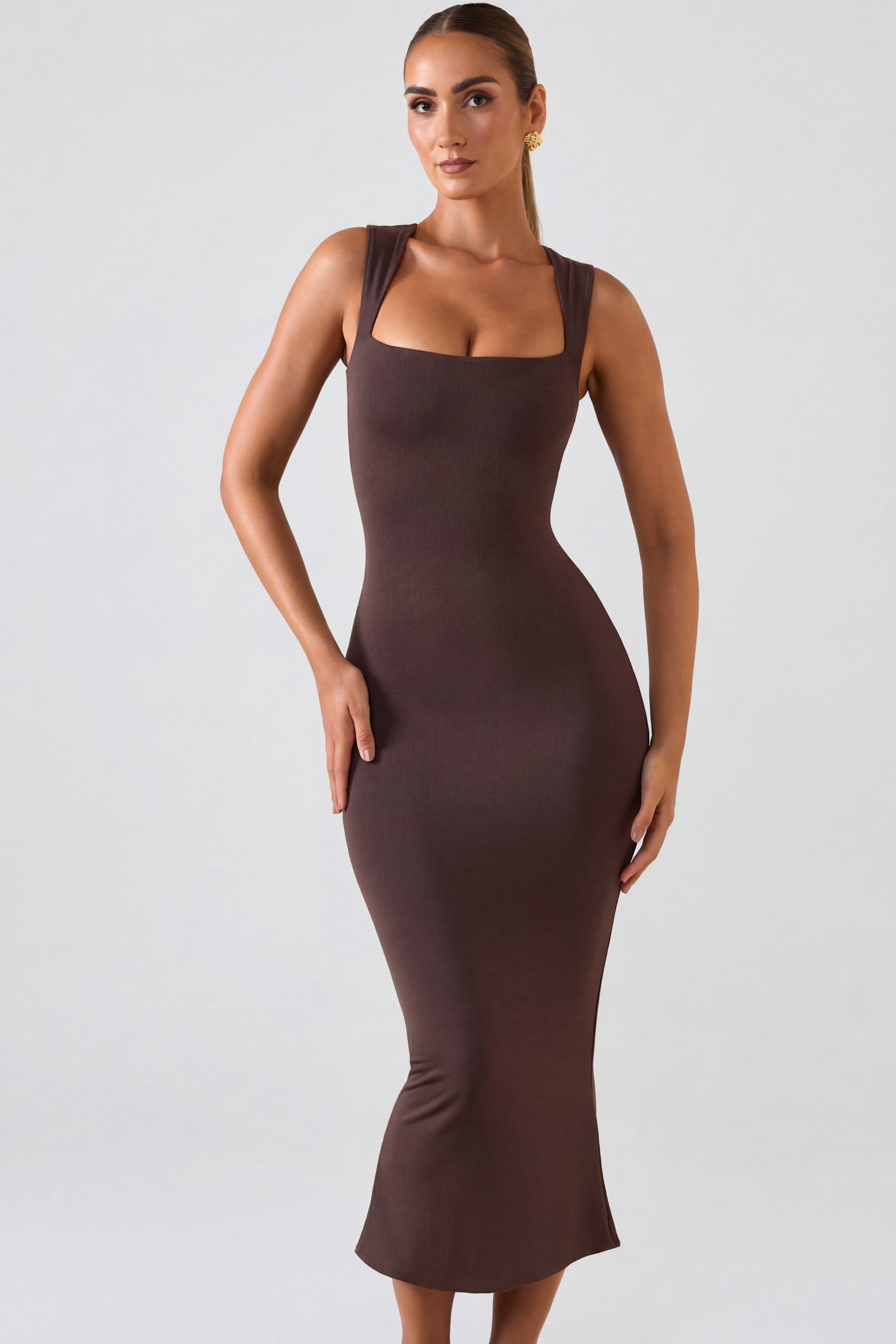 robe midi à encolure carrée chocolat