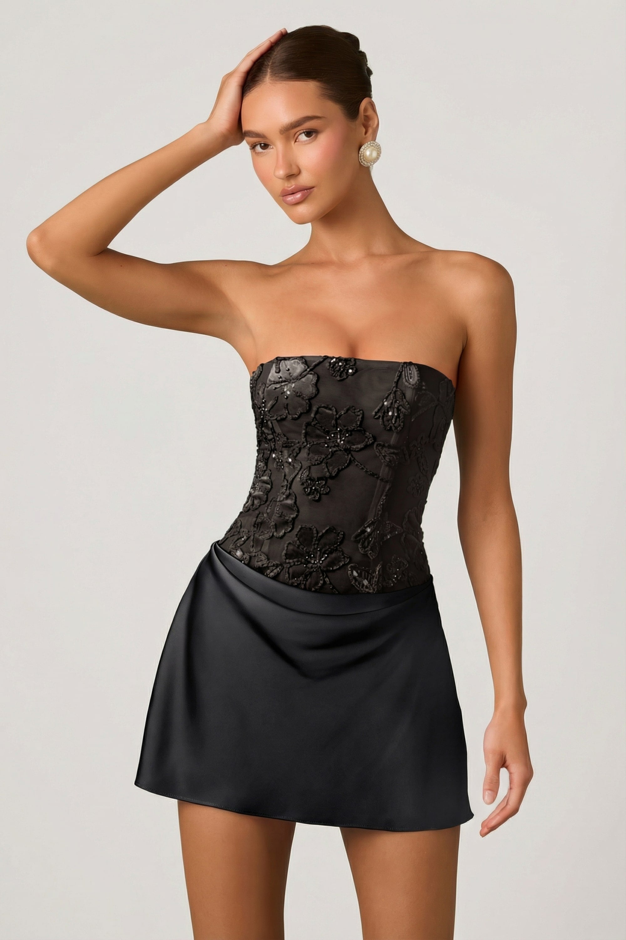 Embellished Draped Strapless A-Line Mini Dress