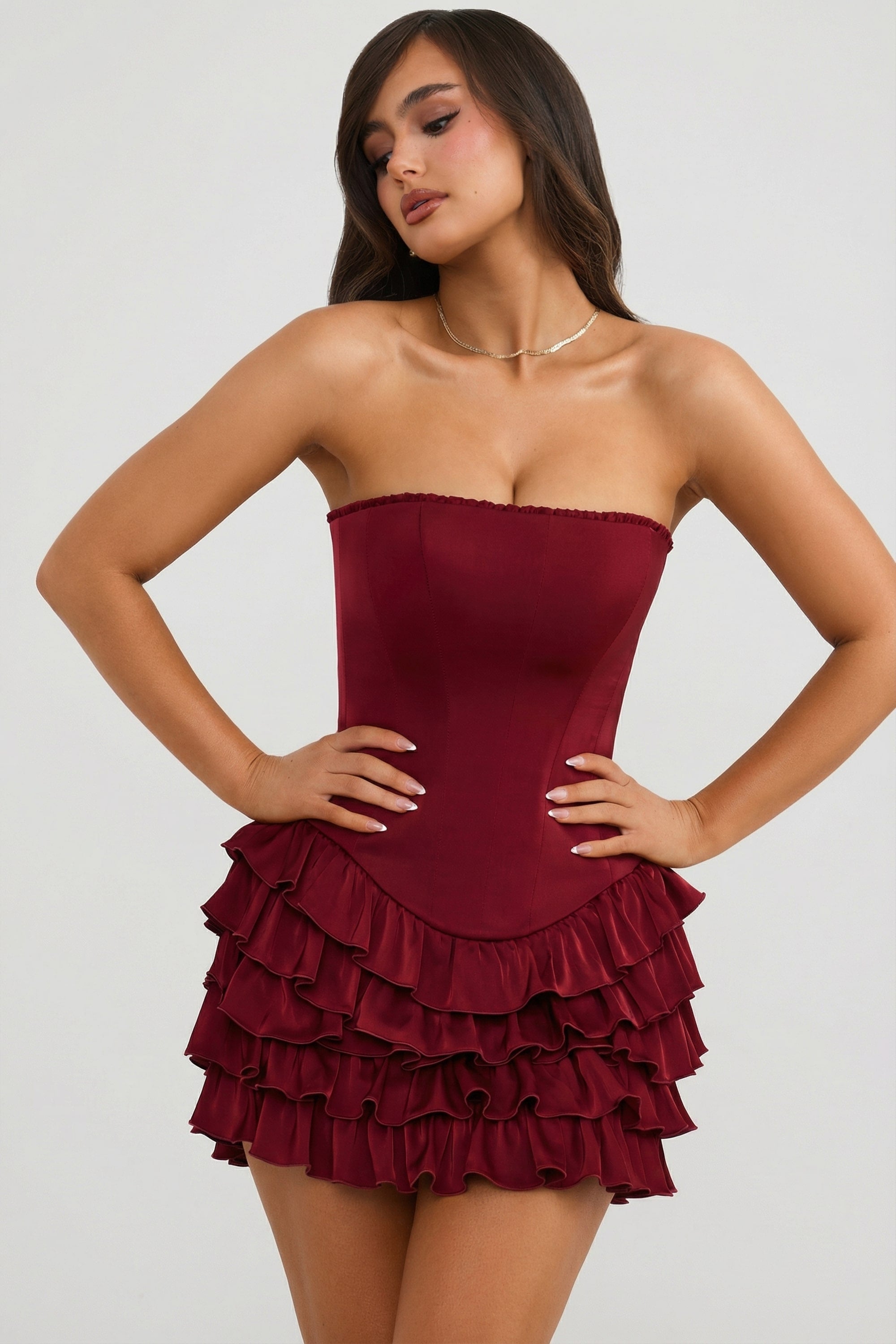 bandeau ruffled tiered corset mini dress