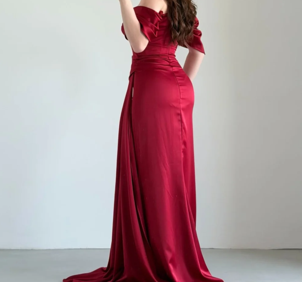 Burgundy Formal Evening Dress featuring off‑the‑shoulder draped short sleeves structured corset bodice waist ruched – Image 4