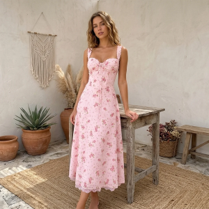 Midi Dress Women Sweet Kawaii Coquette Aesthetic Lace Up Corset Backless Pink Sundress Cottagecore Robe
