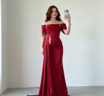 Burgundy Formal Evening Dress featuring off‑the‑shoulder draped short sleeves structured corset bodice waist ruched