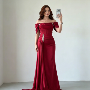 Burgundy Formal Evening Dress featuring off‑the‑shoulder draped short sleeves structured corset bodice waist ruched