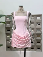 Satin Corset Mini Dress Square Neck Spaghetti Strap Ruched Bodycon Slim Clubwear Dress