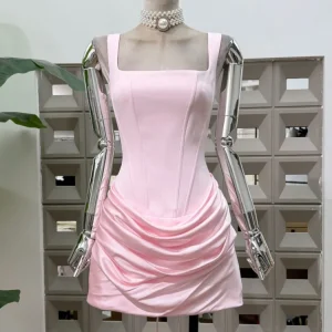 Satin Corset Mini Dress Square Neck Spaghetti Strap Ruched Bodycon Slim Clubwear Dress