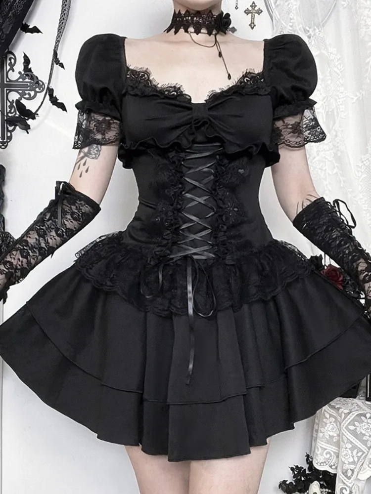 Gothic Dress Women Y2k E-girl Aesthetic Fairycore Grunge Lace Patchwork Puff Sleeve Bandage Corset Dress Female – Image 3