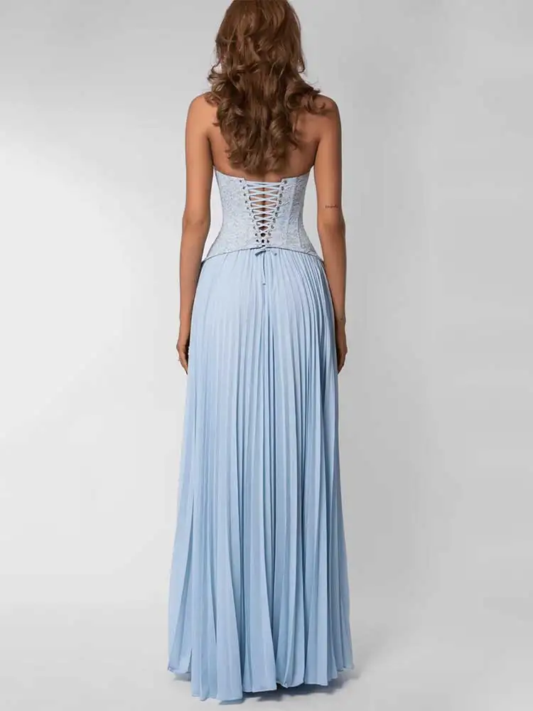 GACVGA Elegant Corset Halter Pleated Maxi Dress Women Back Lace-up Patchwork Slim Lady Gown Club Party Evening Long Dress – Image 2