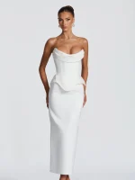 White Corset Mermaid Dress Women's Draped Bust Structured Peplum Waist Bodycon Midi Dresses