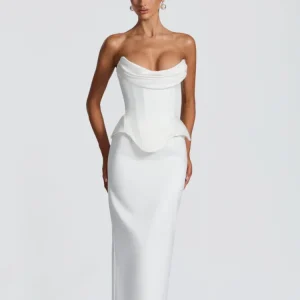 White Corset Mermaid Dress Women's Draped Bust Structured Peplum Waist Bodycon Midi Dresses