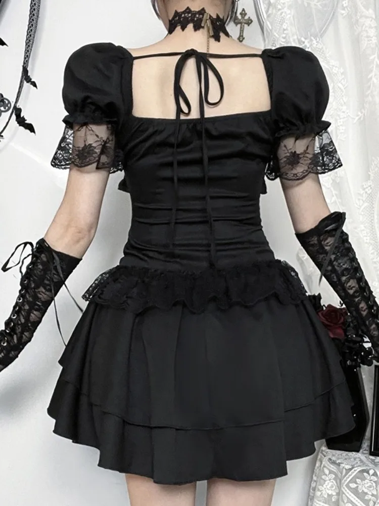 Gothic Dress Women Y2k E-girl Aesthetic Fairycore Grunge Lace Patchwork Puff Sleeve Bandage Corset Dress Female – Image 6
