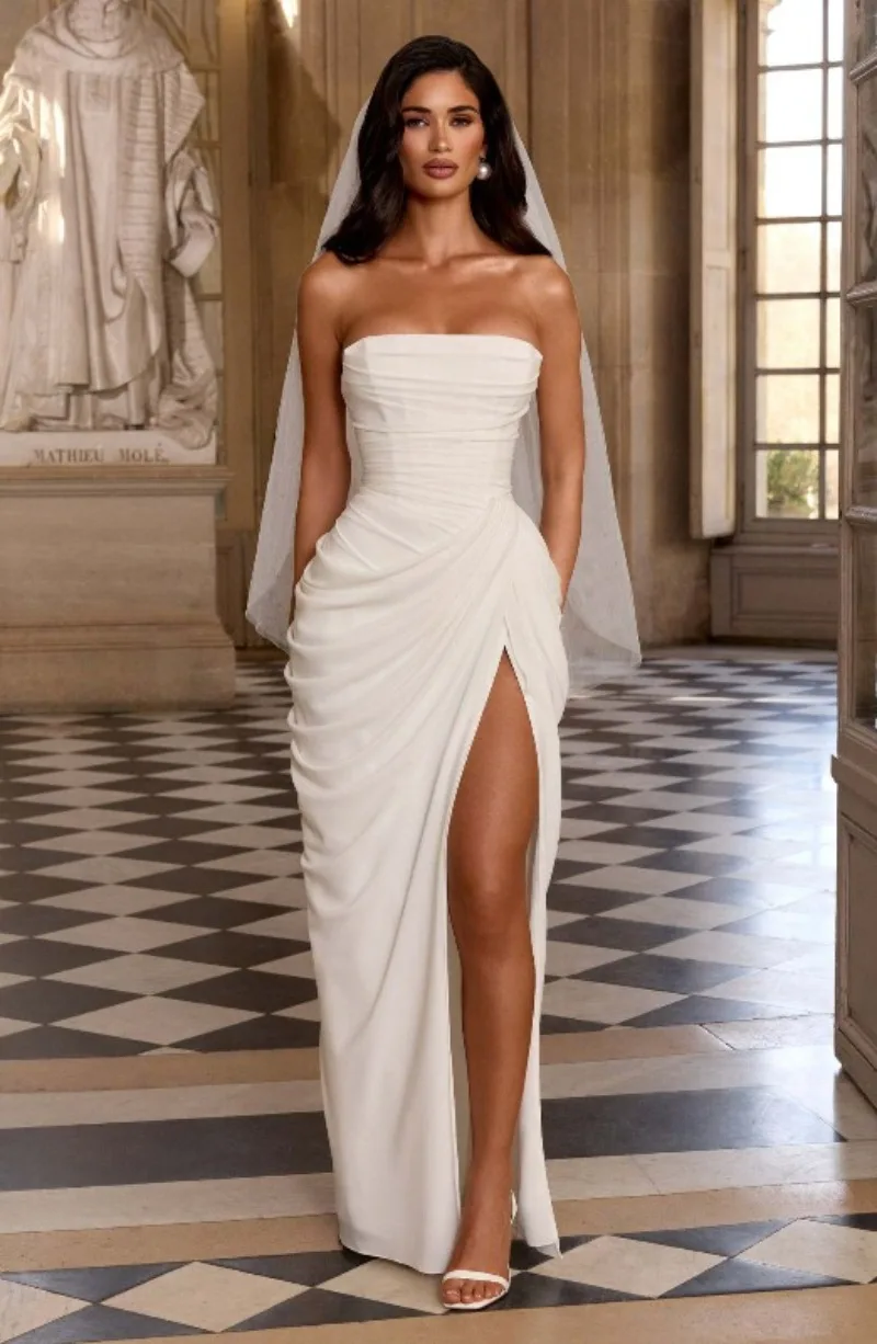 Strapless Maxi Robe Women Ruched Waist High Thigh Slit Chic Flowy Dress Romantic Party Fashion Unique Vestido New – Image 12