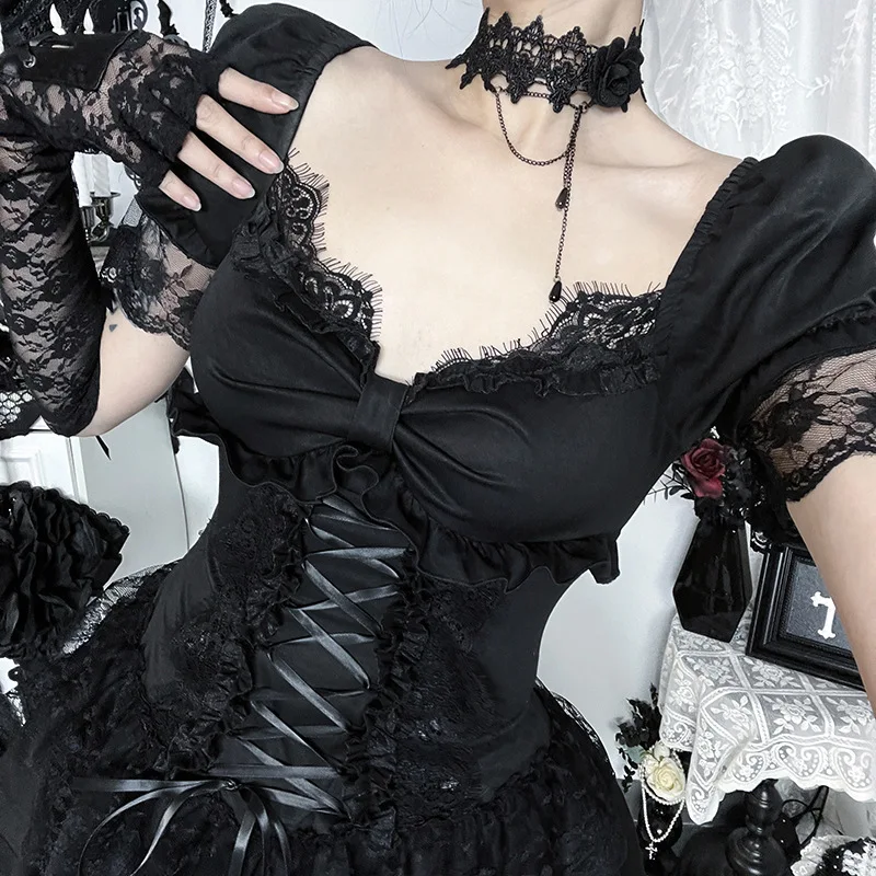 Gothic Dress Women Y2k E-girl Aesthetic Fairycore Grunge Lace Patchwork Puff Sleeve Bandage Corset Dress Female – Image 13