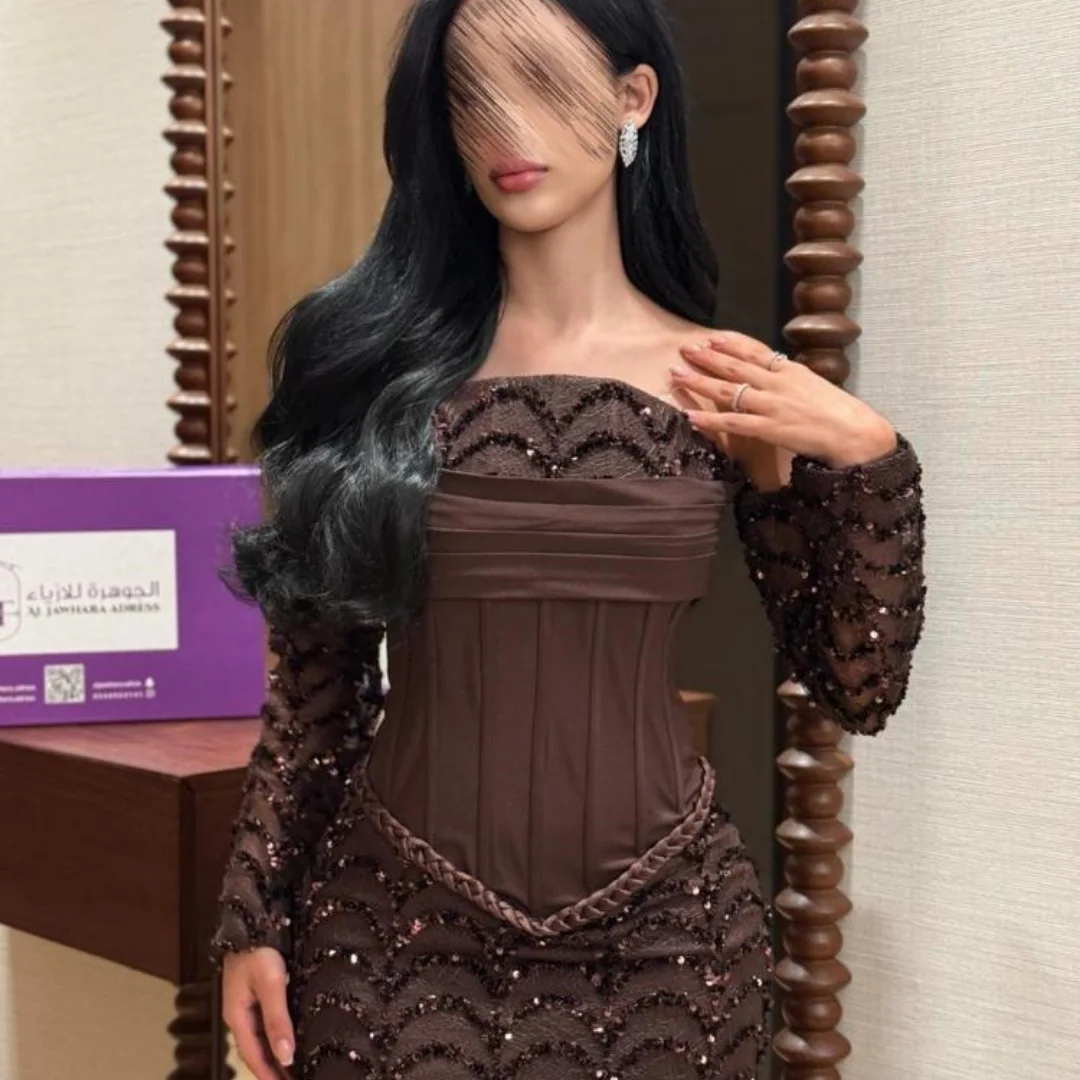 Brown Strapless Prom Dress Detachable Lace Long Sleeve Sequin Mermaid Corset robes de soirée Elegant – Image 3