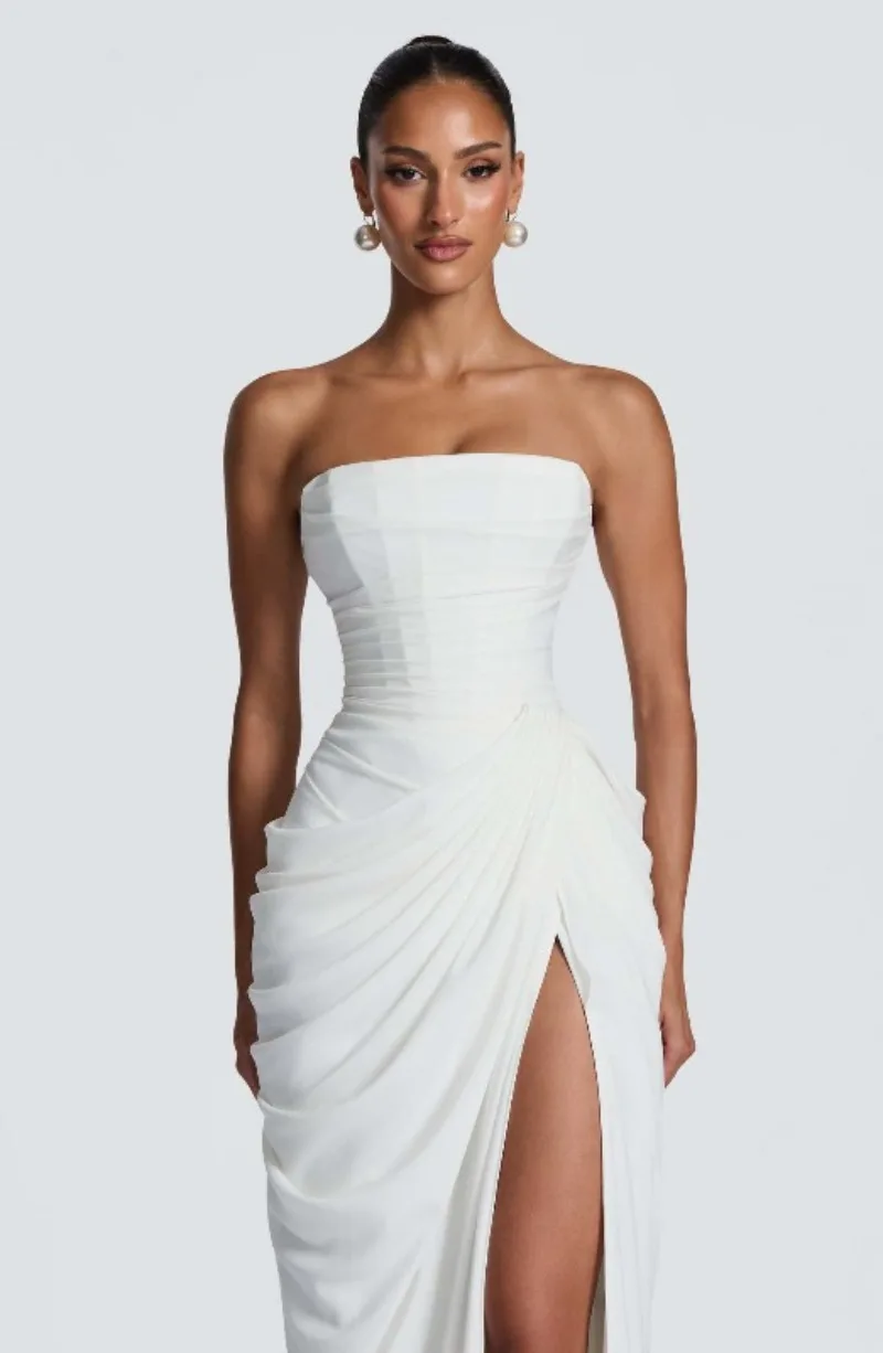 Strapless Maxi Robe Women Ruched Waist High Thigh Slit Chic Flowy Dress Romantic Party Fashion Unique Vestido New – Image 20