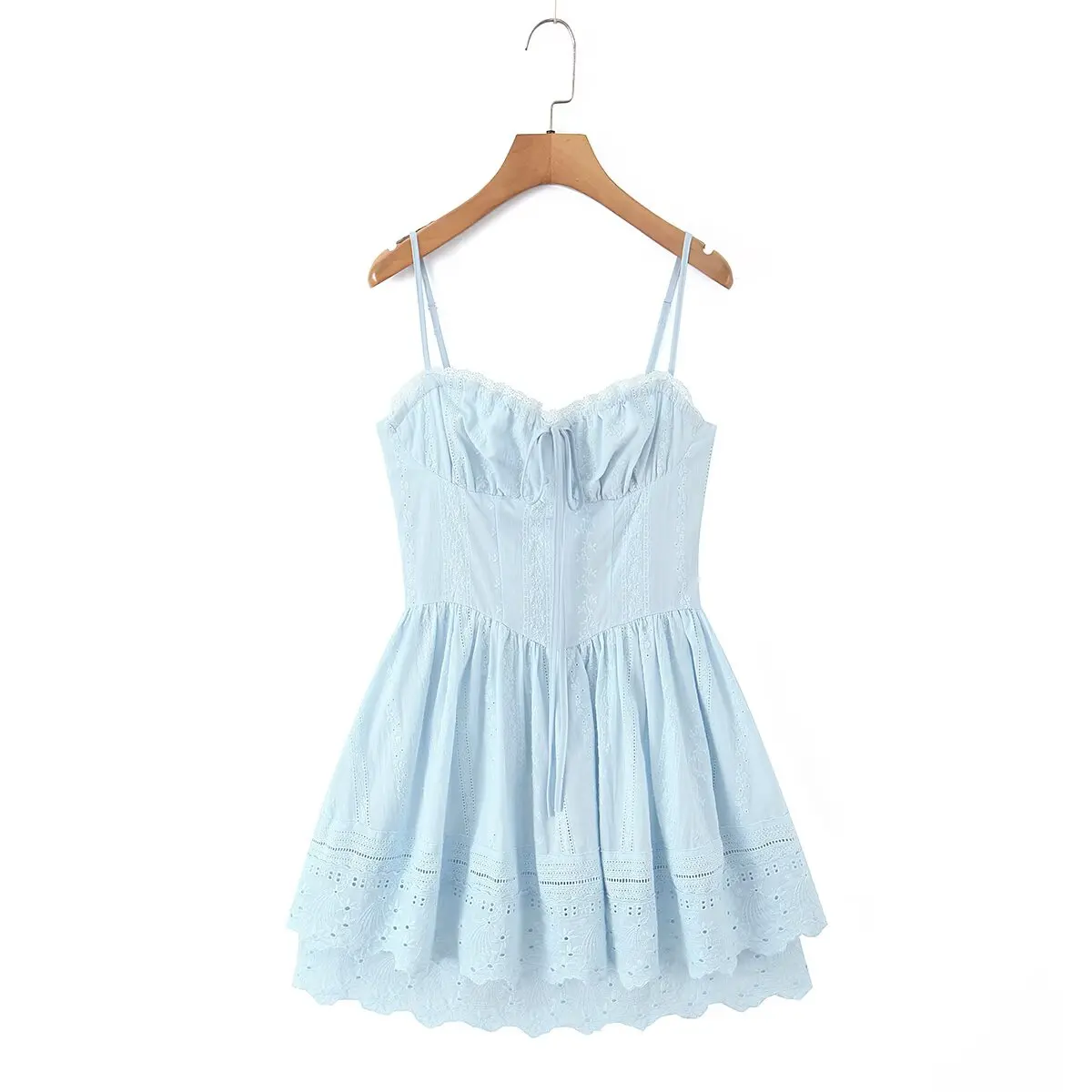 Sexy Pretty Girls Floral Embroidery Sling Mini Dresses Women Vacation Party Summer Dress Cotton White Blue Corset Sundress – Image 4