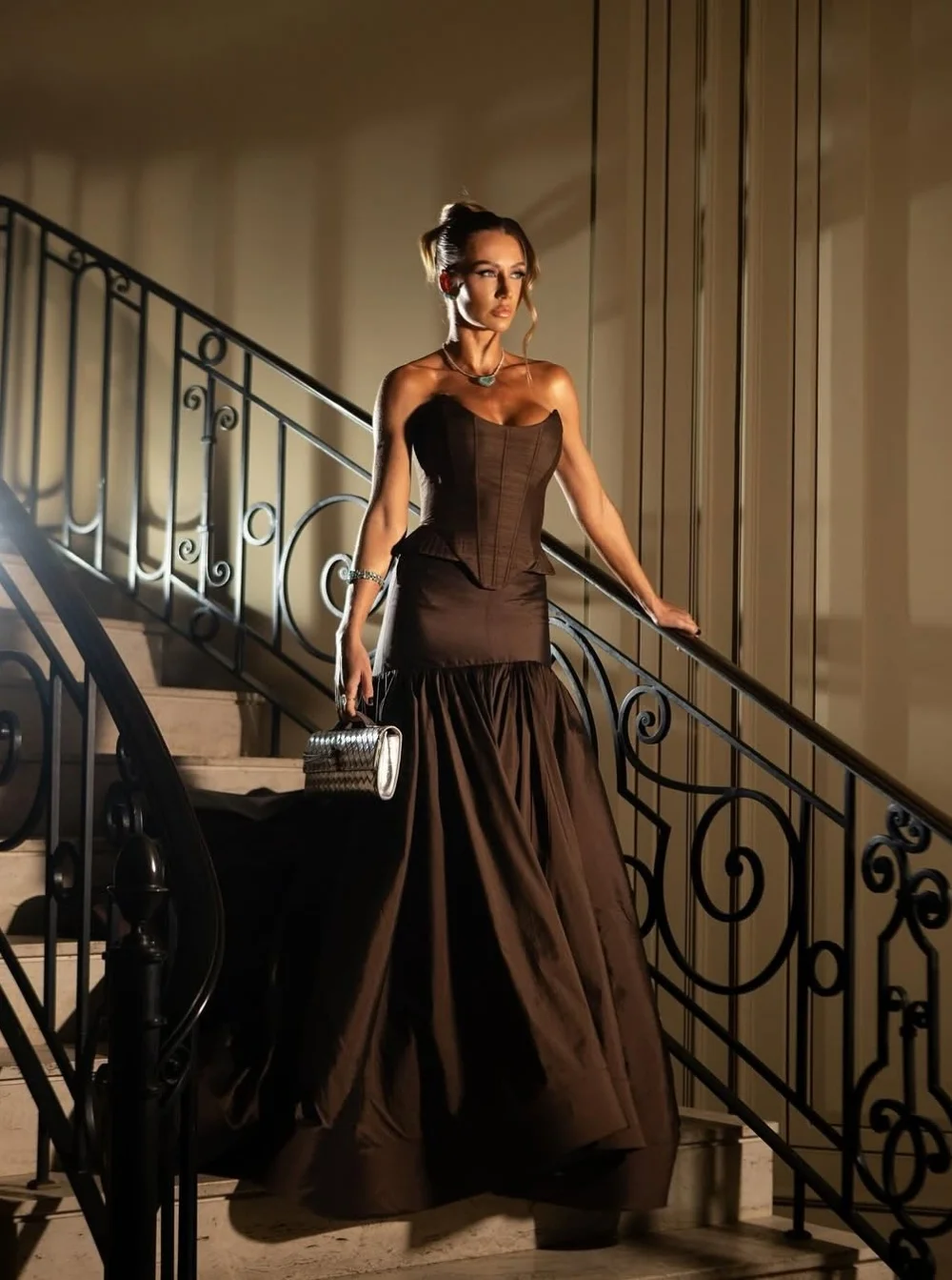 Dark Brown Formal Dress with Structured Corset Bodice Tiered Flared Skirt and Voluminous Silhouette Gala Attire – Image 2