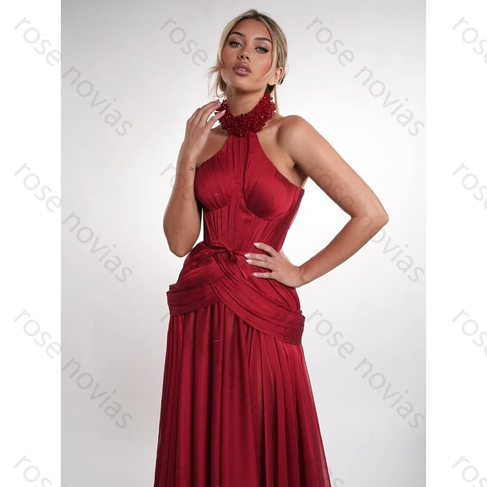 Customized Burgundy Chiffon Halter Evening Dress for Women 2026 Elegant Corset Ruched A-Line Maxi Prom Gown – Image 2