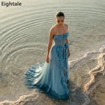 Blue Strapless Evening Dress Ruffled Chiffon Corset Prom Dress