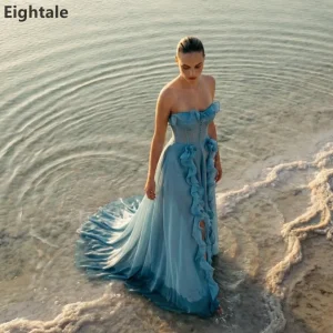 Blue Strapless Evening Dress Ruffled Chiffon Corset Prom Dress