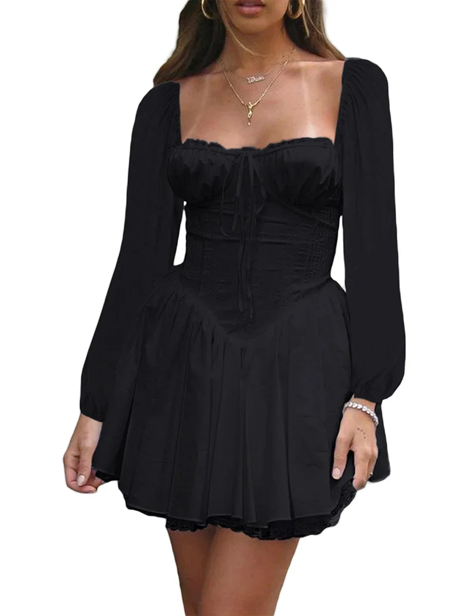 Mini Dress with Lace-Up Corsets Belt Flared Long Sleeve Vintage Floral A-Line Swing Dresses – Image 3