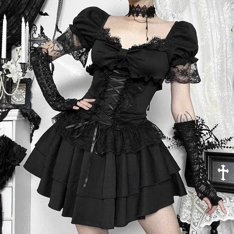 Gothic Dress Women Y2k E-girl Aesthetic Fairycore Grunge Lace Patchwork Puff Sleeve Bandage Corset Dress Female – Image 11
