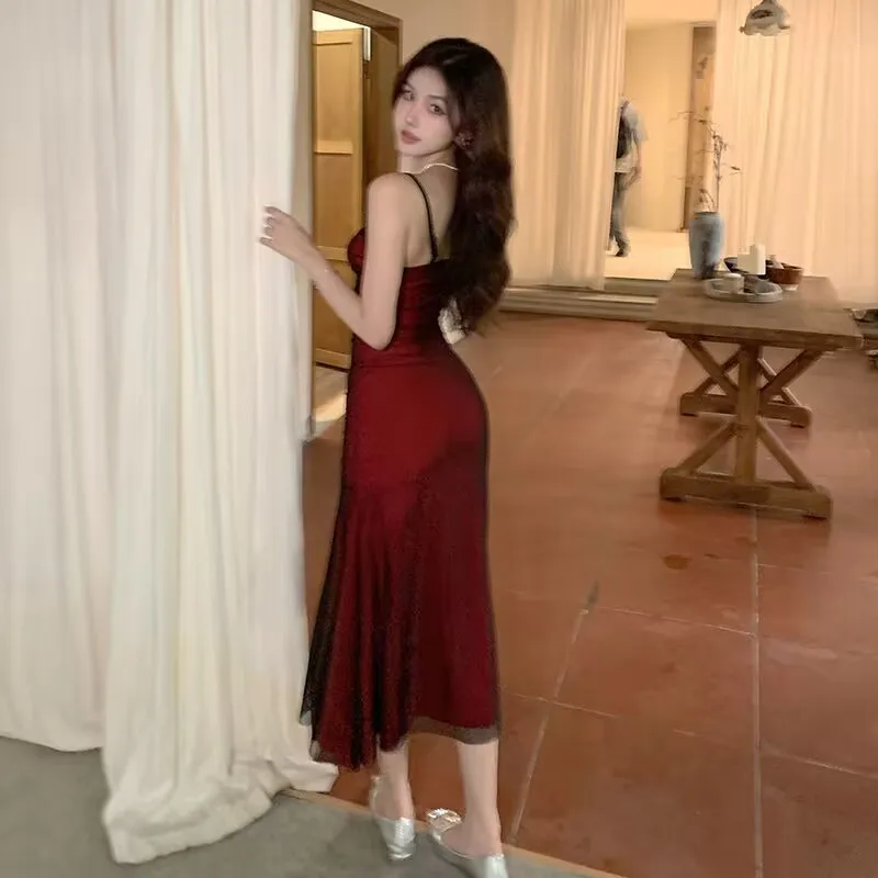 Sleeveless Bodycon Corset Maxi Dress Wine Red Spaghetti Strap Ruched Elegant Evening Party Long Vintage Dresses – Image 3
