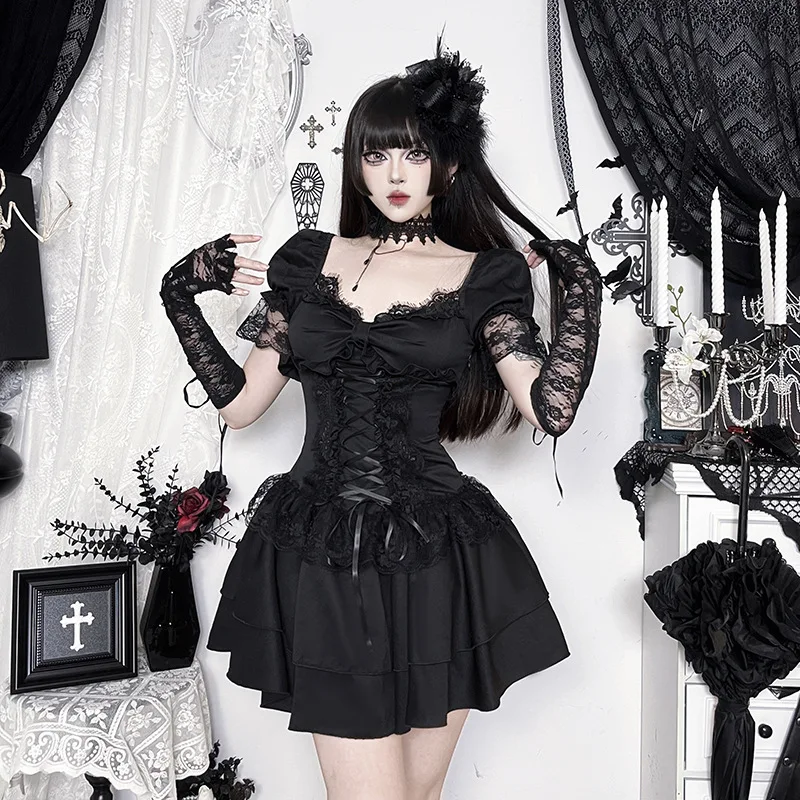 Gothic Dress Women Y2k E-girl Aesthetic Fairycore Grunge Lace Patchwork Puff Sleeve Bandage Corset Dress Female – Image 8