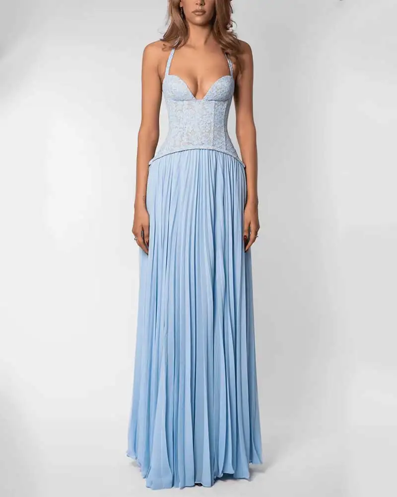 GACVGA Elegant Corset Halter Pleated Maxi Dress Women Back Lace-up Patchwork Slim Lady Gown Club Party Evening Long Dress – Image 15