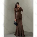 Brown Blazer Lace Mermaid Evening Dress for Women 2026 Elegant Corset Formal Prom Gown, Luxury Business
