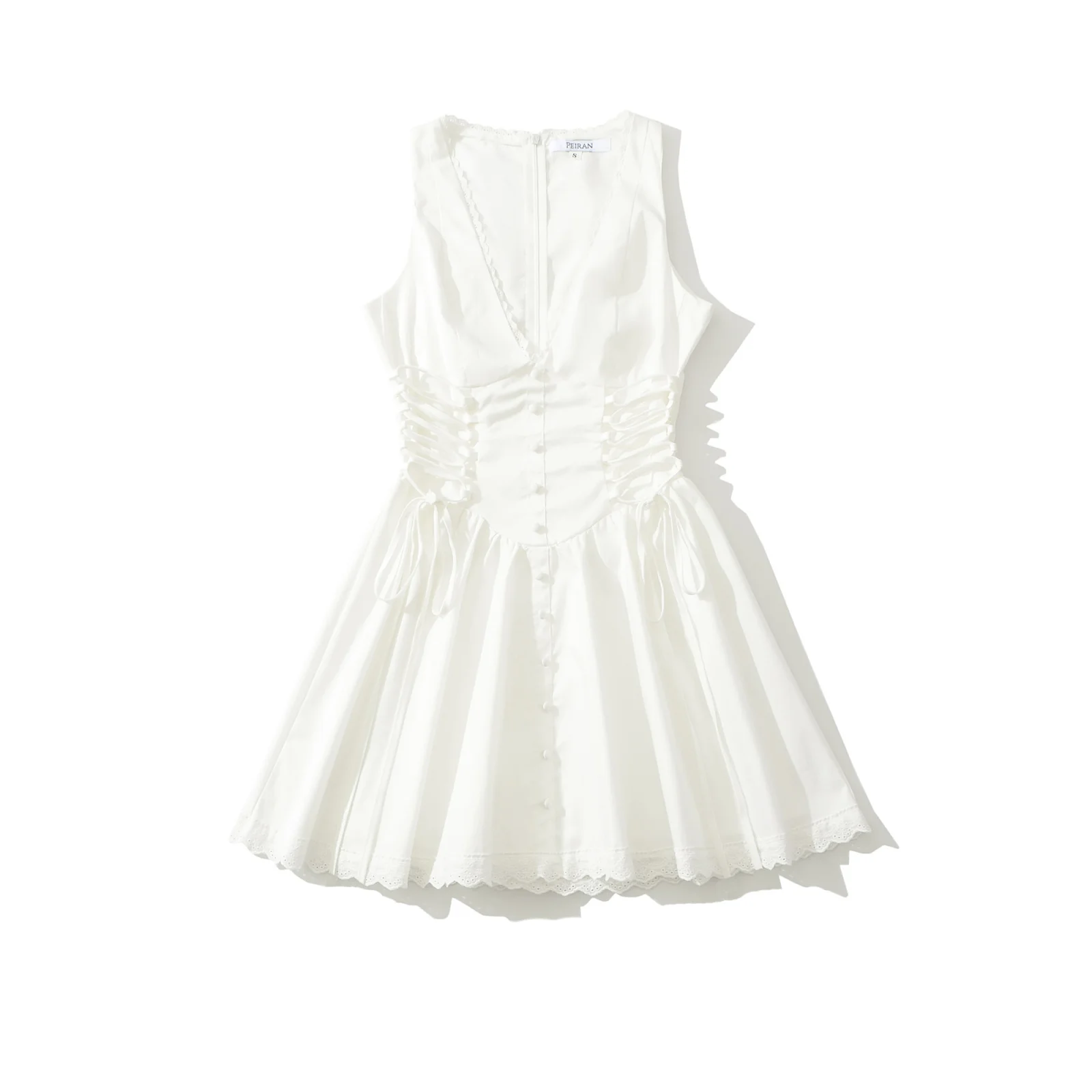 Sleeveless Mini Dress V Neck Lace Trim Side Corset Tie Flared Skater Short Dresses – Image 9