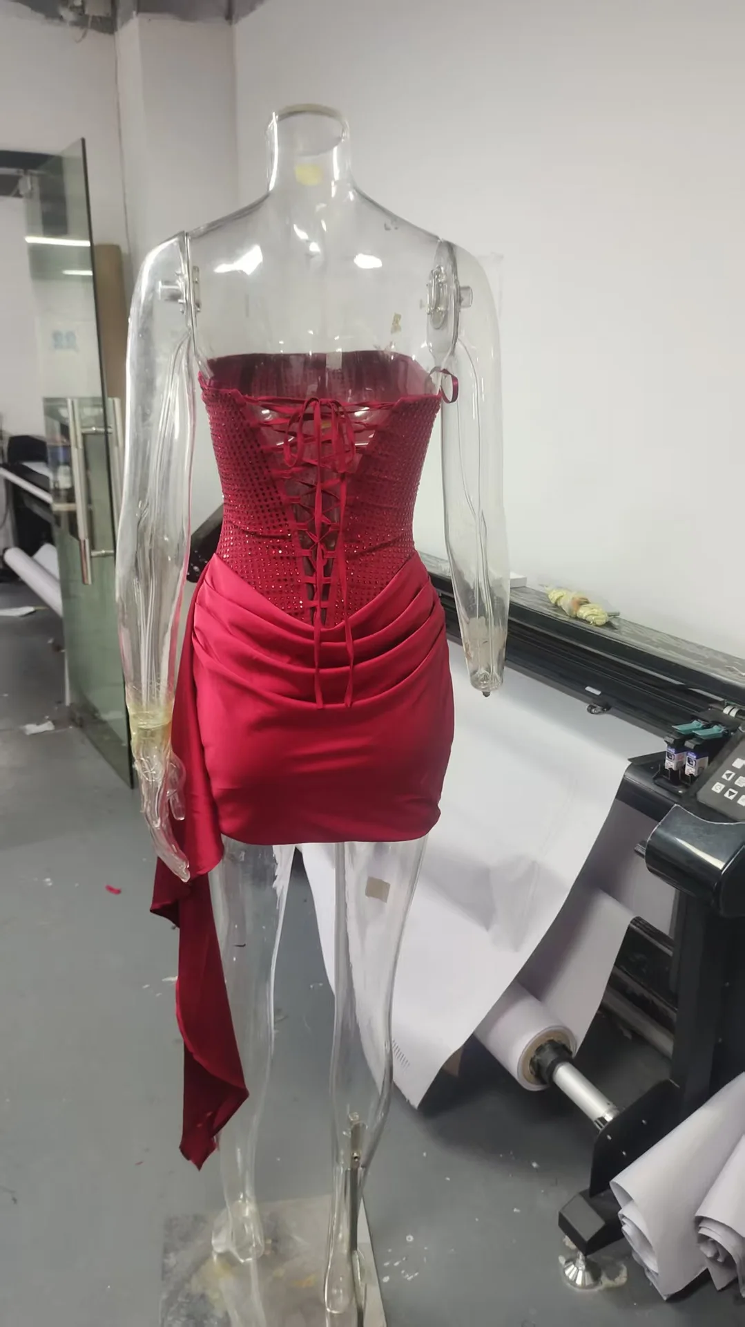 Strapless Dress Corset Vestidos Sexy Red Satin Draped Dress Mini – Image 10